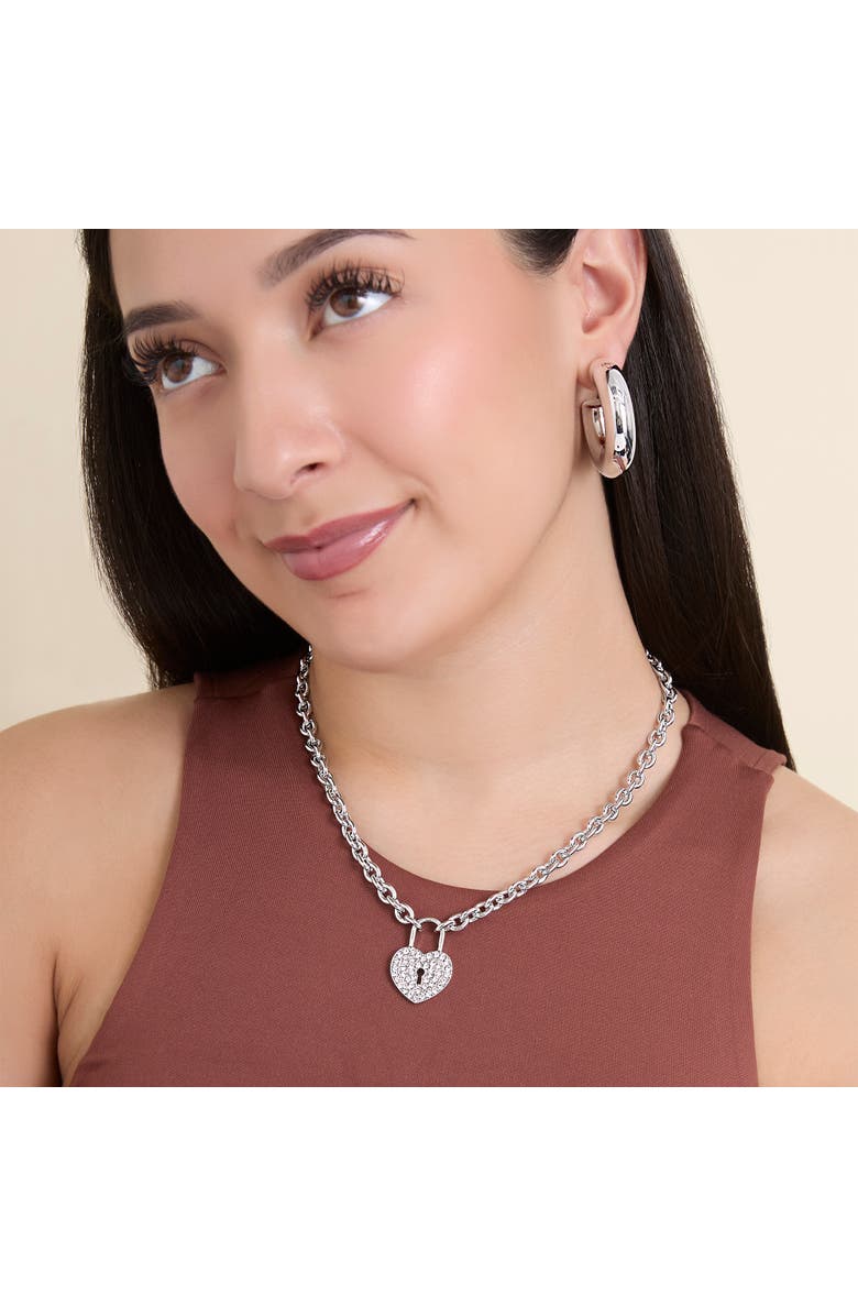 Jessica Simpson Silver-Tone Pave Crystal Heart Lock Necklace, Alternate, color, Silver