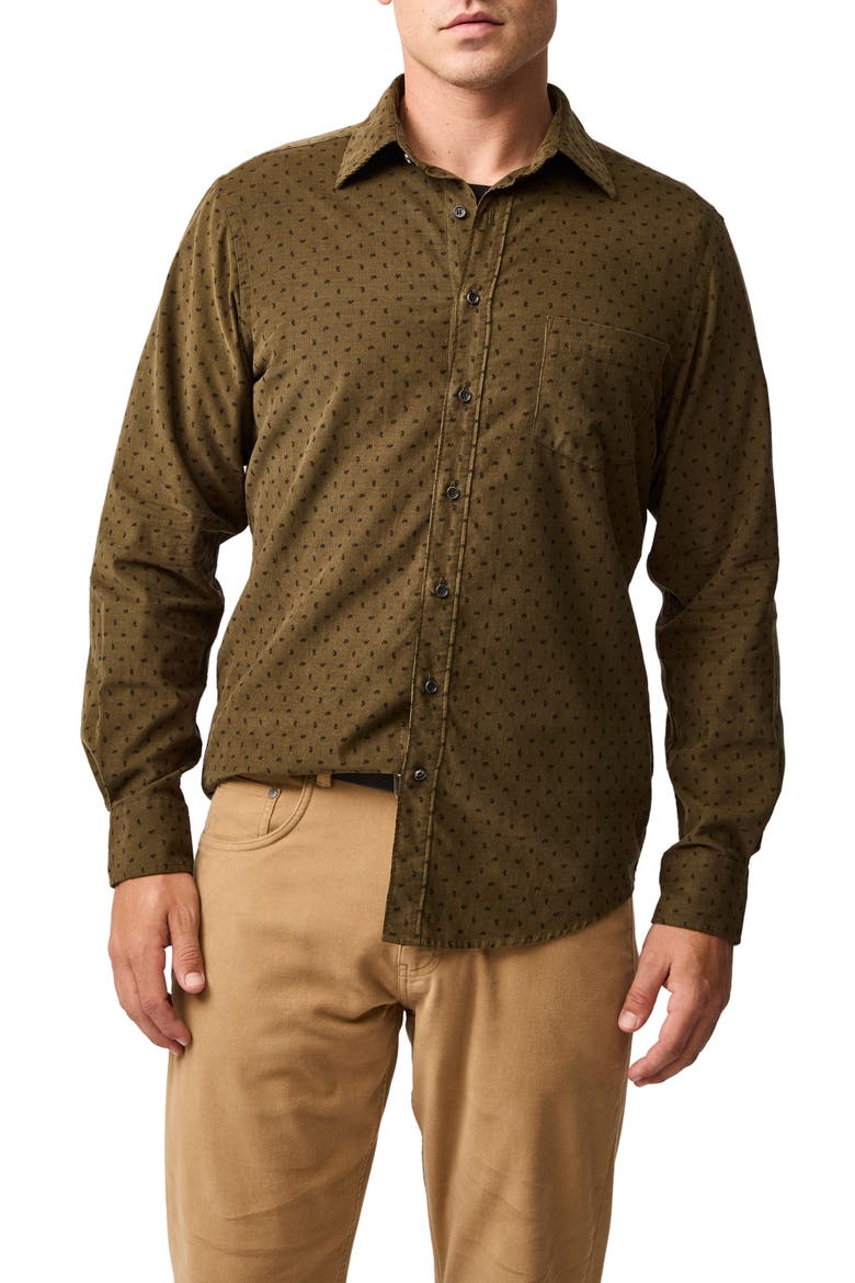 Harrington Neat Paisley Cotton Corduroy Button-Up Shirt, Main, color, MOSS