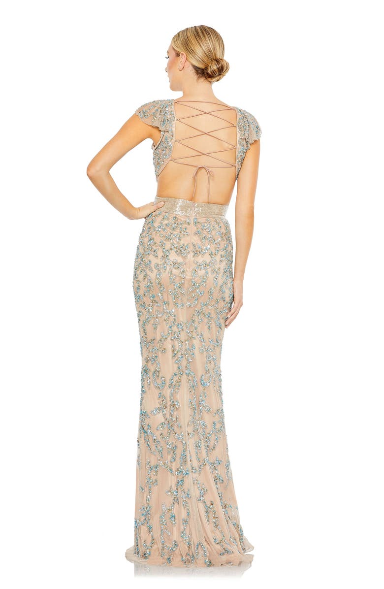 Mac Duggal Hand-Embellished Gown with Illusion Neckline, Beaded Cummerbund & Lace-Up Back, Alternate, color, Beige Multi