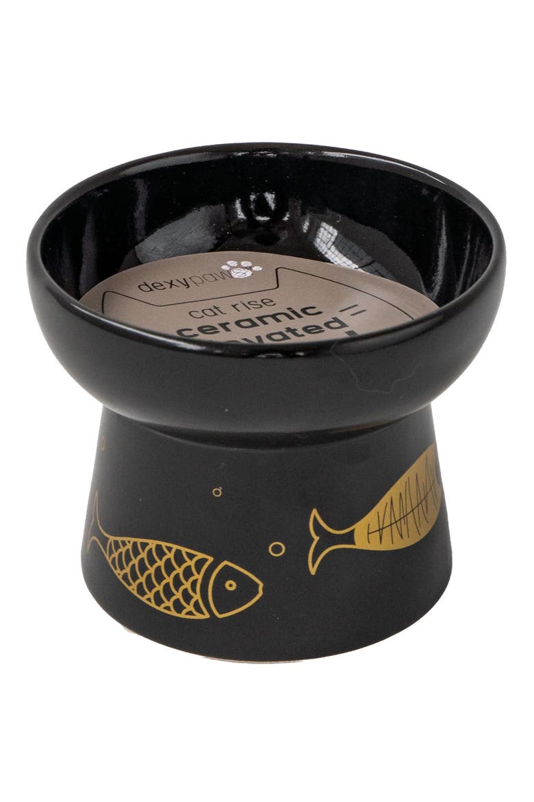 Elevated Ceramic Cat Bowl, Black & Gold Fish, 7oz, Main, color, Black