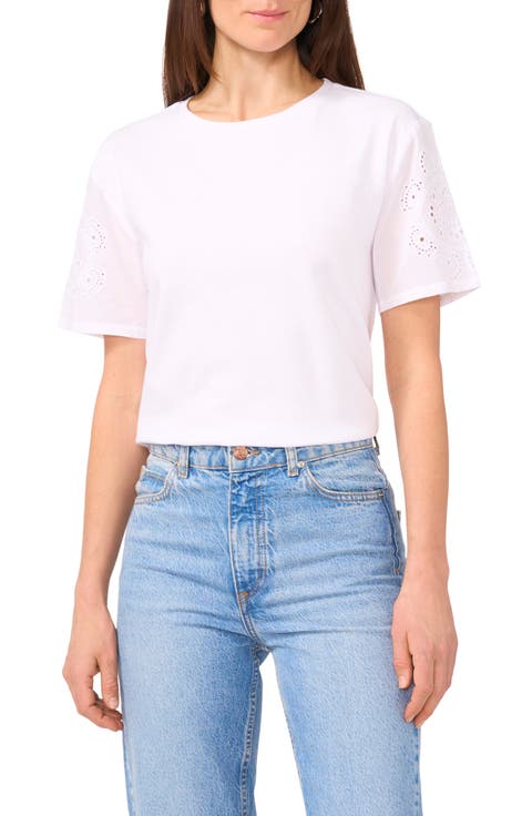 売れ筋商品|||ヴィンスカムート カットソー トップス レディース Women's Crochet-Trim Top Ultra White Women's Cream Crochet Trim Textured Swing Top | ME+EM