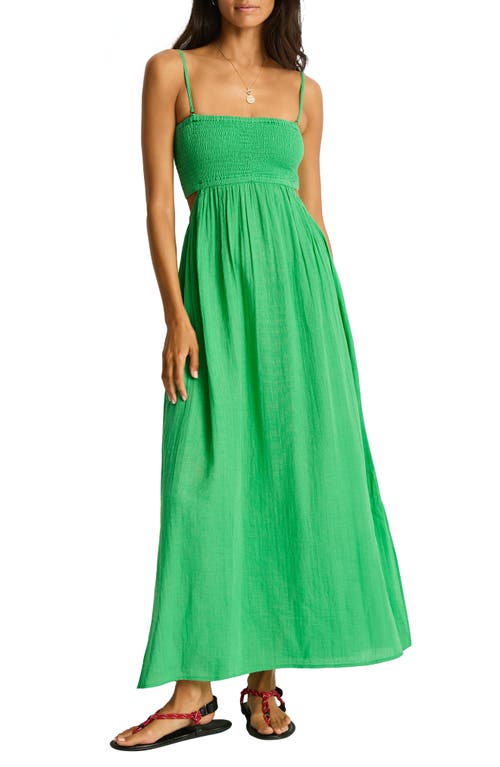 Sea Level Smocked Bodice Cotton Seersucker Cover-up Dress In Green