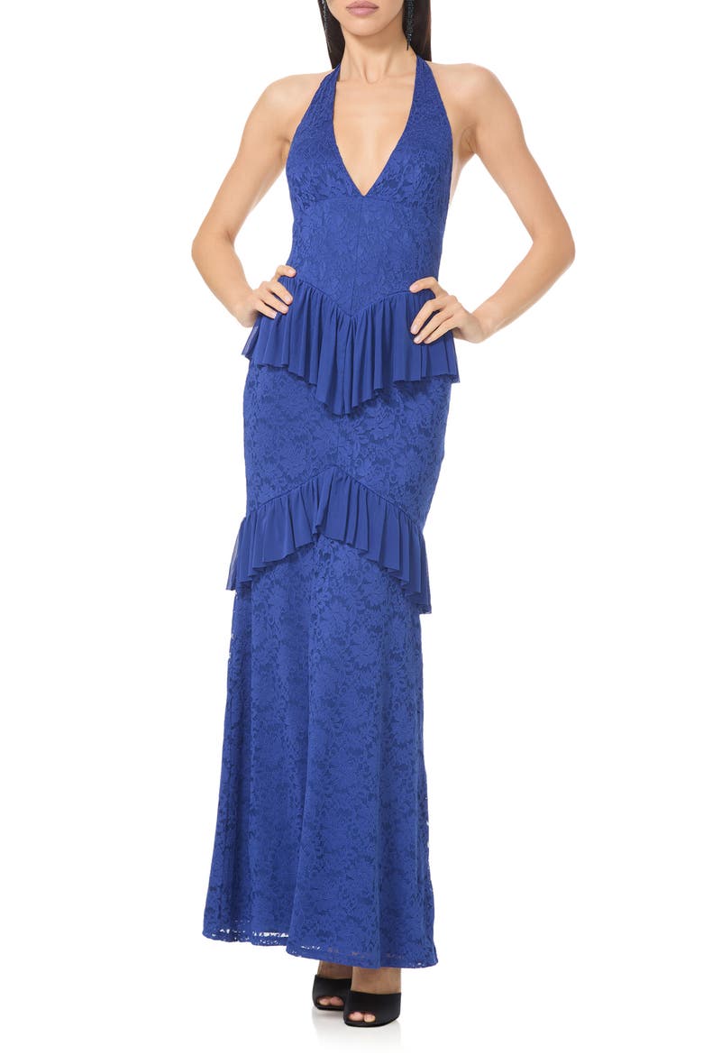 Athens Silken Lace Halter Maxi Dress, Main, color, LAPIS