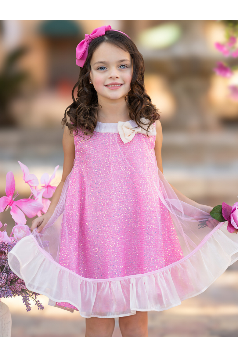 Girls Glittery  Bow Sequin Ruffle Dress, Alternate, color, Pink