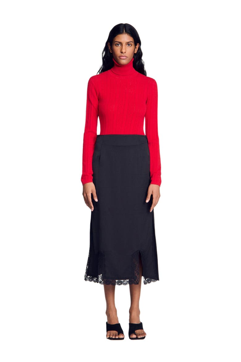 Long mixed-material lace skirt, Alternate, color, Black