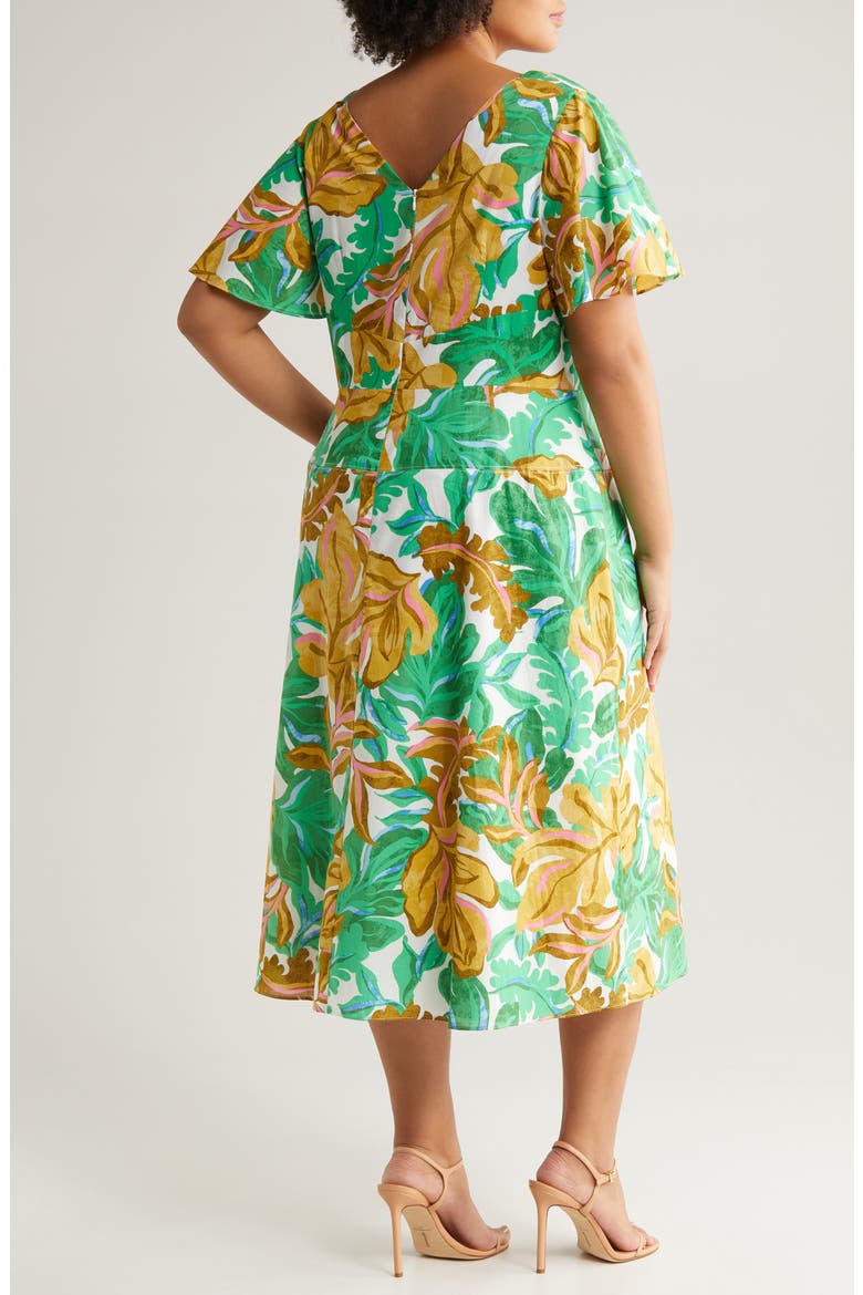Front Tie Short Sleeve Cotton Midi Dress, Alternate, color, SOFT WHITE/ GOLDEN OLIVE