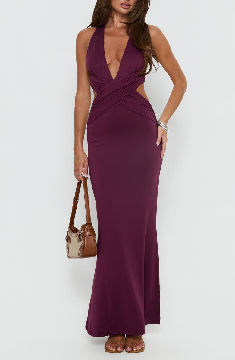 Princess Polly Bambia Cutout Sleeveless Gown, Main, color, Purple