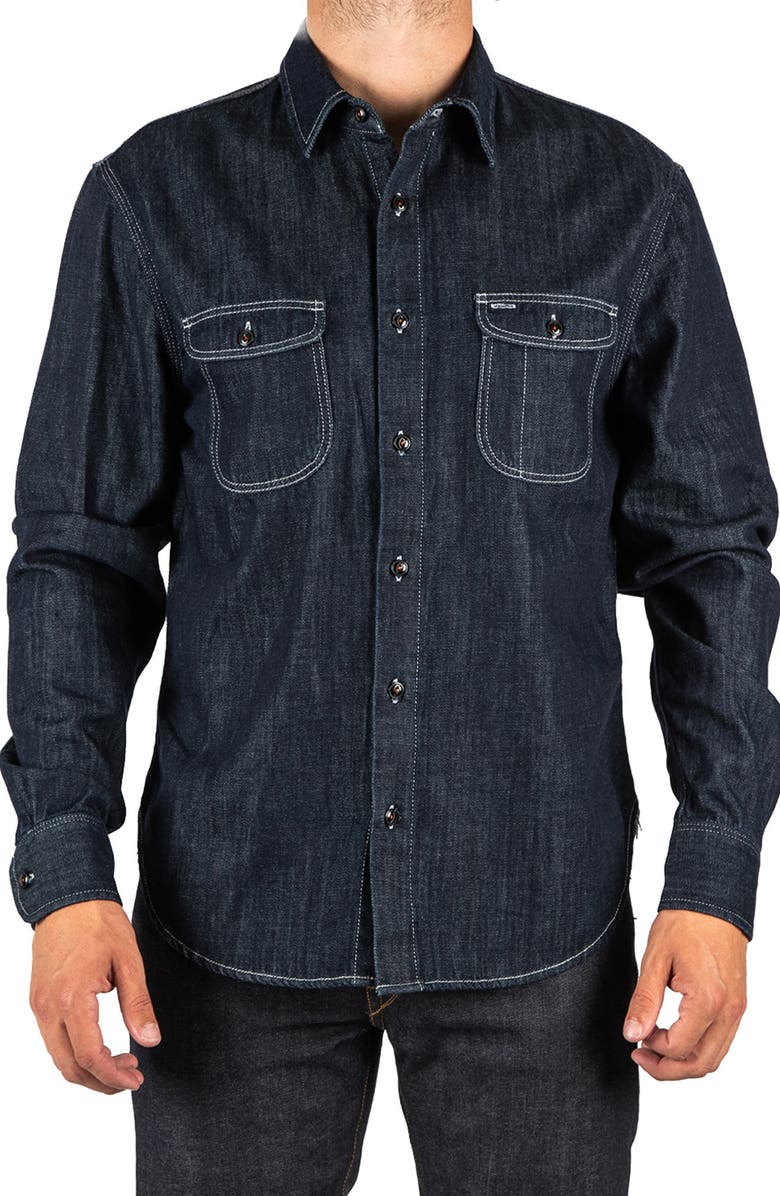 HIROSHI KATO The Brace Denim Button-Up Shirt, Main, color, Indigo