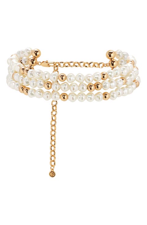 Faux Pearl Beaded Triple Layer Choker Necklace