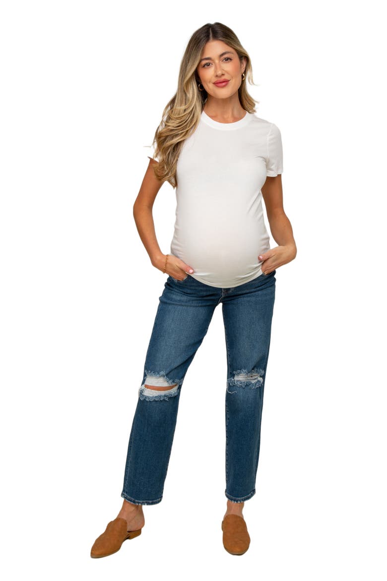Distressed Open Knee Cropped Maternity Straight Leg Jeans, Main, color, Navy Blue