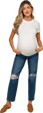 PinkBlush Distressed Open Knee Cropped Maternity Straight Leg Jeans