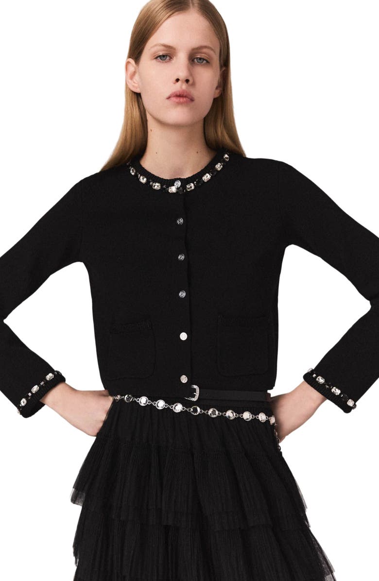 maje Cropped jewellery detail cardigan, Alternate, color, Black
