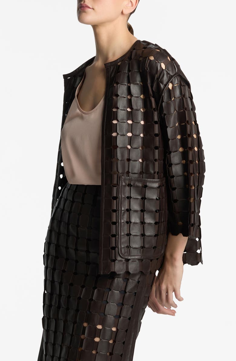 St. John Collection Geometric Woven Leather Jacket, Alternate, color, 