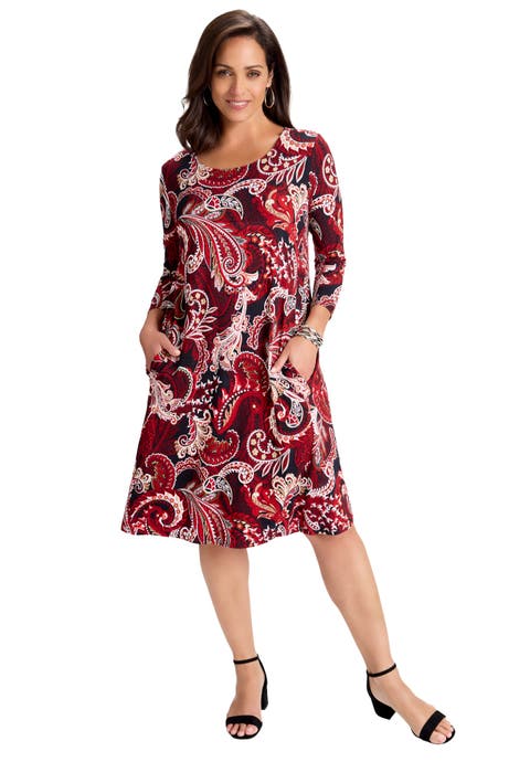 Stretch Knit Three-Quarter Sleeve T-shirt Dress (Plus)