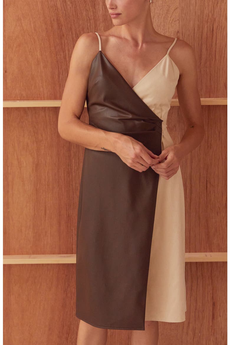 Mixed Media Wrap Midi Dress, Alternate, color, Brown/Bone