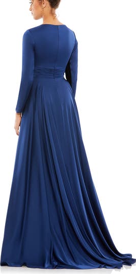 Long Sleeve Ruched Waist A-Line Gown