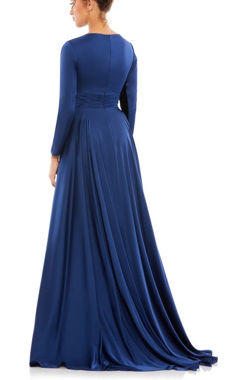 Mac Duggal Long Sleeve Ruched Waist A-line Gown In Midnight