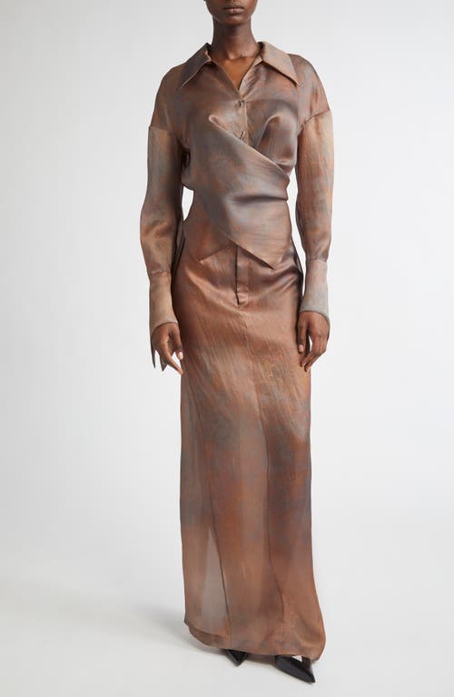 Grace Ling Pillar Silk Organza Maxi Skirt In Rust Brown