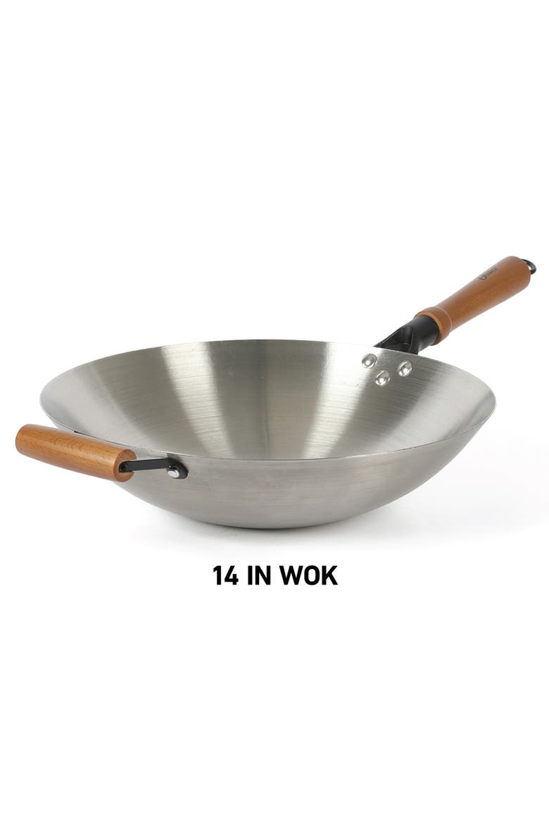Sangerfield 14 in Stainless Steel Wok with Wood Handles, Main, color, Silver