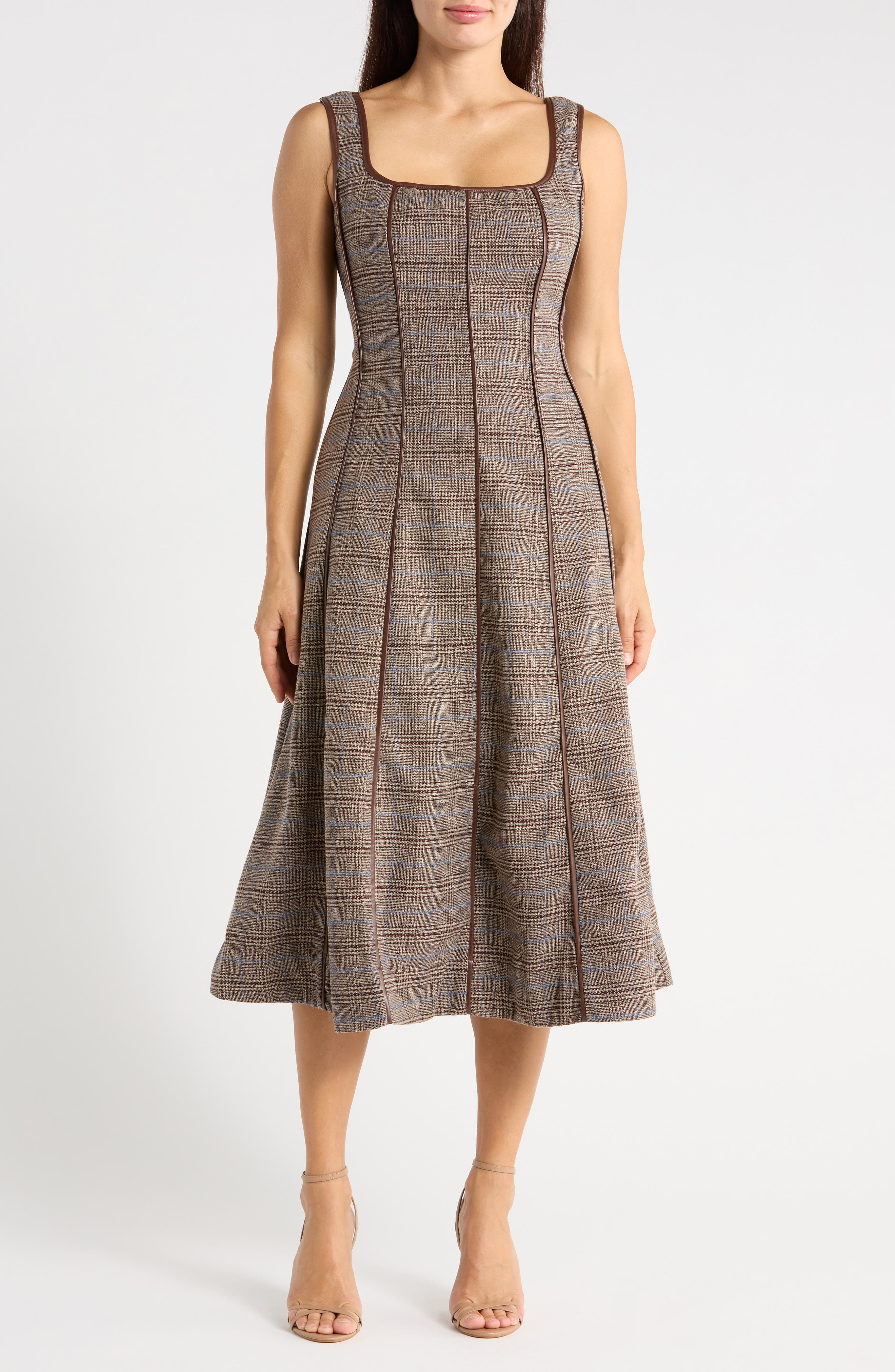 Plaid Faux Leather Trim A-Line Midi Dress