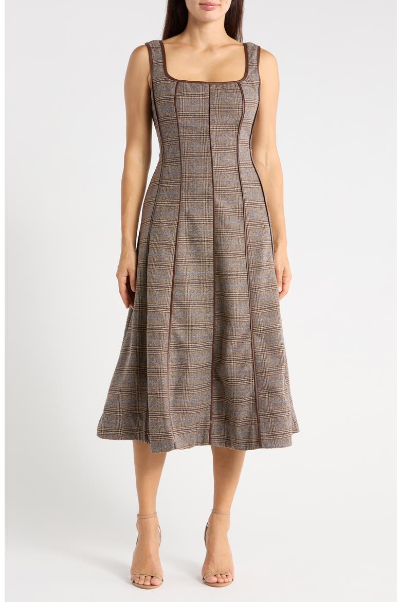 Plaid Faux Leather Trim A-Line Midi Dress, Main, color, BROWN