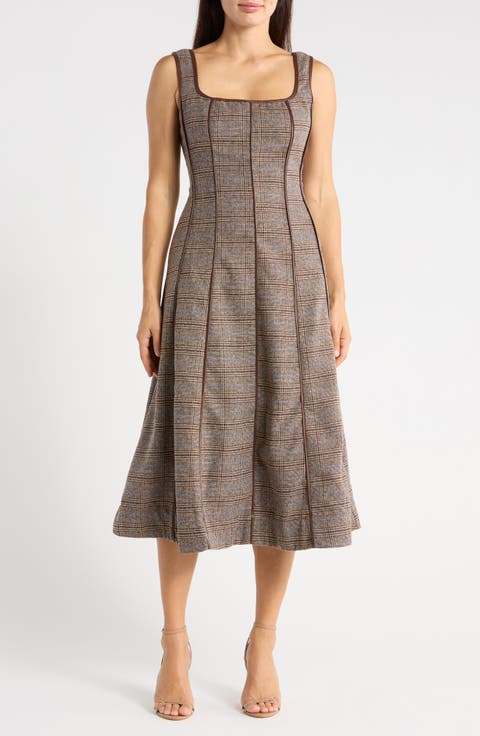 Plaid Faux Leather Trim A-Line Midi Dress