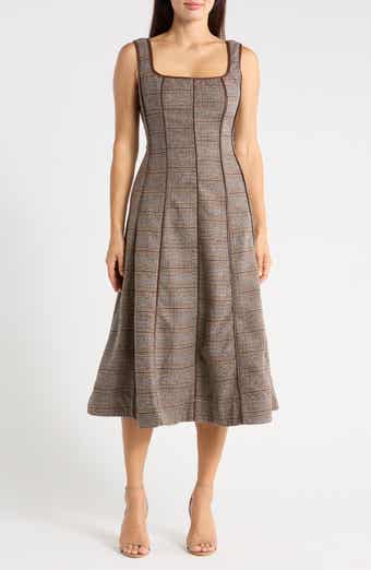 Plaid Faux Leather Trim A-Line Midi Dress