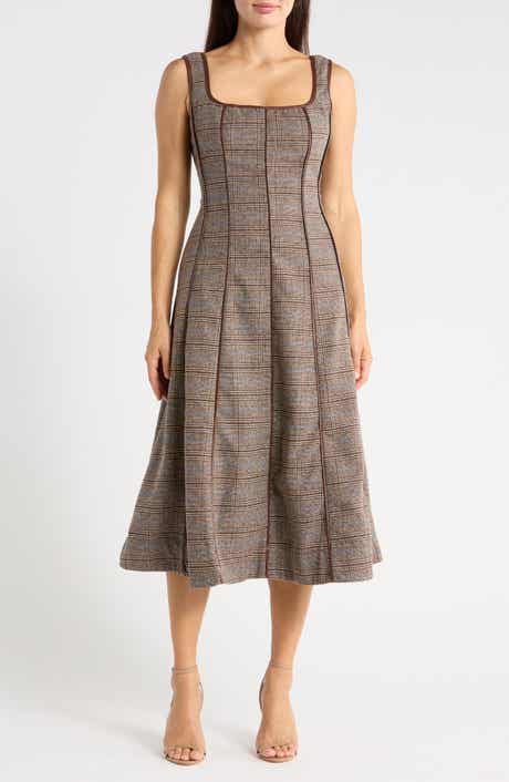 Plaid Faux Leather Trim A-Line Midi Dress