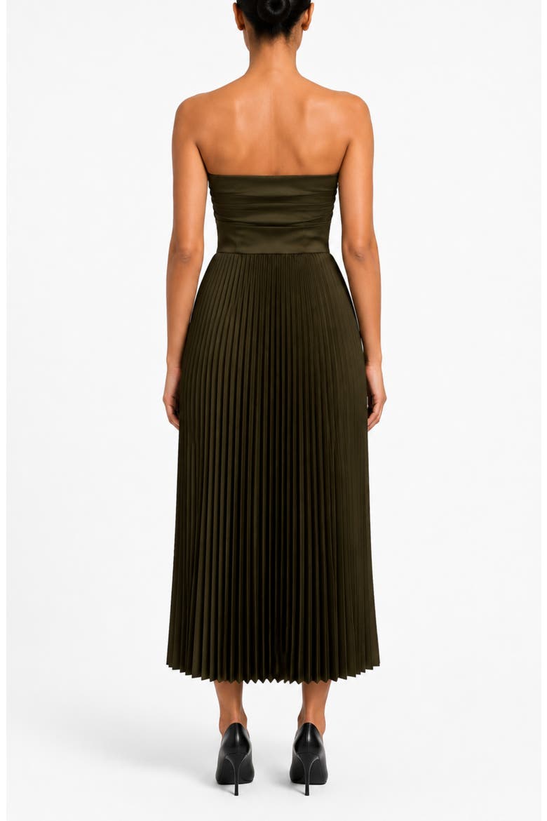 Twist Sweetheart Satin Pleated Midi Dress, Alternate, color, DEEP OLIVE