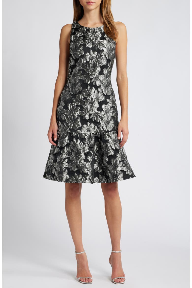 Metallic Floral Jacquard Sleeveless Dress, Main, color, BLACK/SILVER