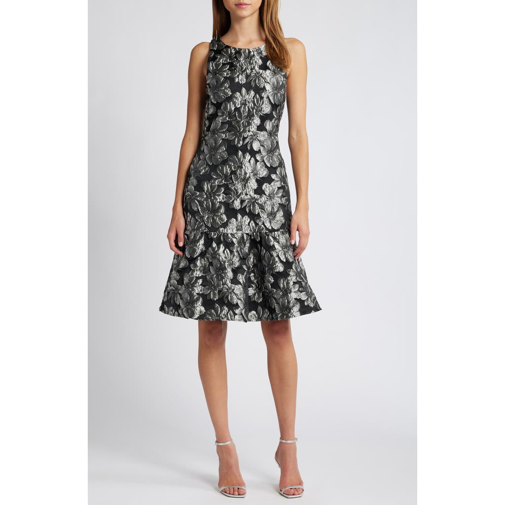Julia Jordan Metallic Floral Jacquard Sleeveless Dress in Black/silver