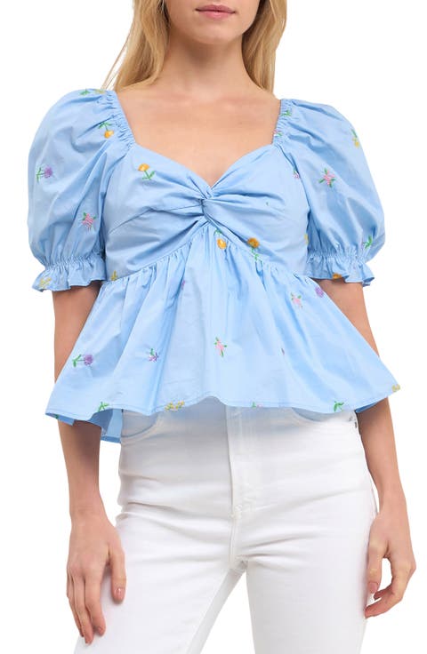 Floral Embroidered Puff Sleeve Babydoll Top