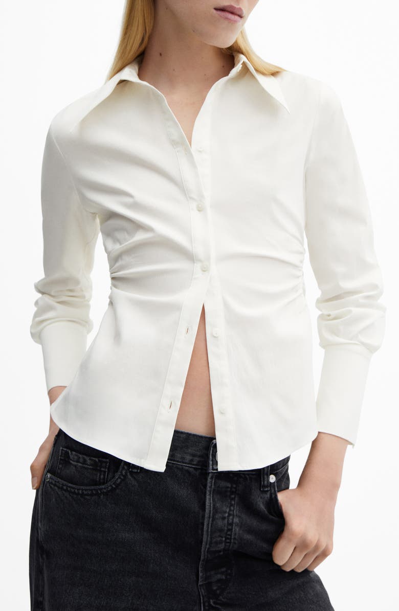 MANGO Fitted Ruched Button-Up Shirt, Main, color,