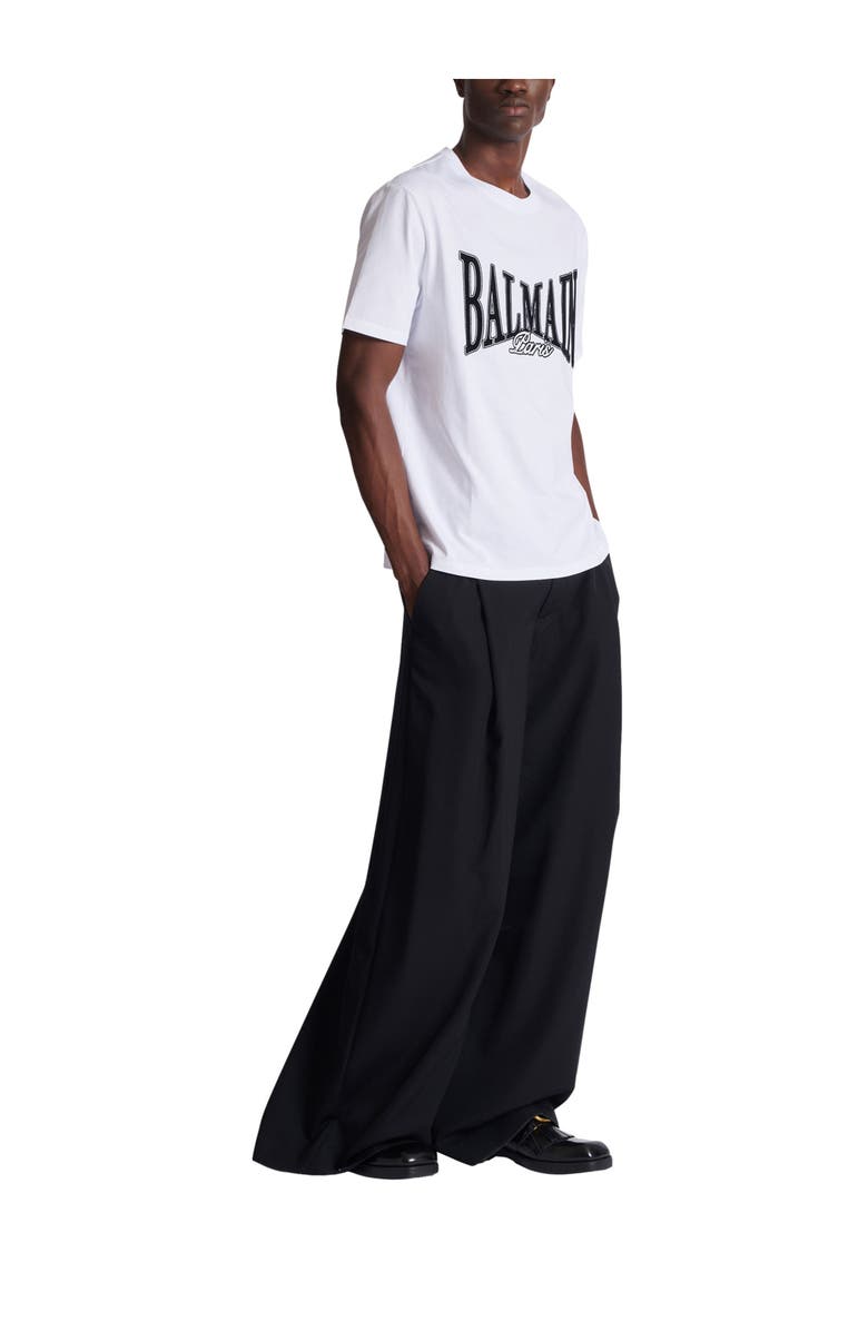 Balmain Short-sleeved T-shirt with flocked Balmain College print, Alternate, color, White