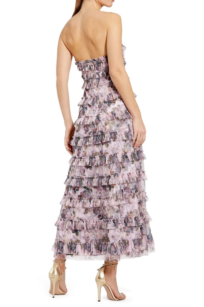 Strapless Floral Micro Ruffle Dress, Alternate, color, Purple Multi