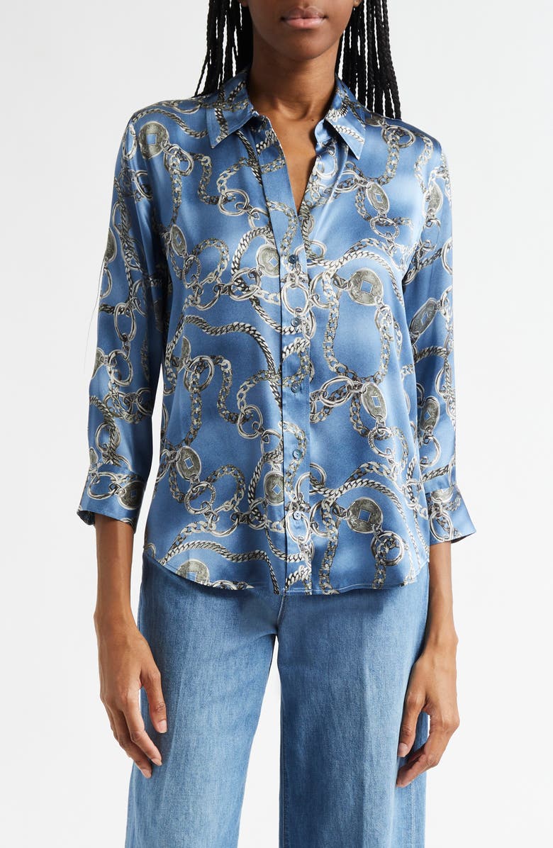 L'AGENCE Dani Chain Print Silk Button-Up Shirt, Main, color, Blue Horizon/ Silver Good Luck
