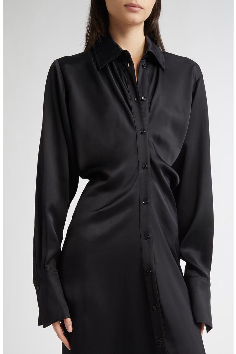 Slouch Long Sleeve Crepe Satin Midi Shirtdress, Alternate, color, BLACK