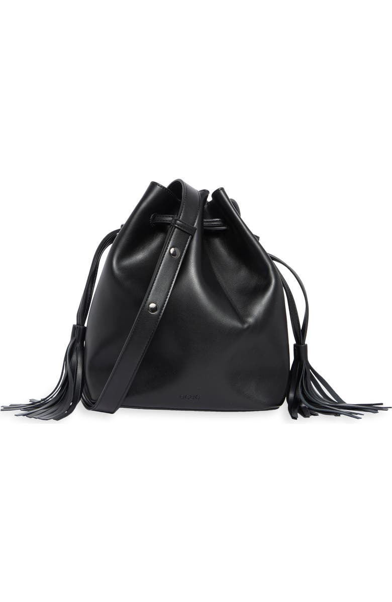 BCBG Tasseled Faux Leather Bucket Bag, Main, color, Black
