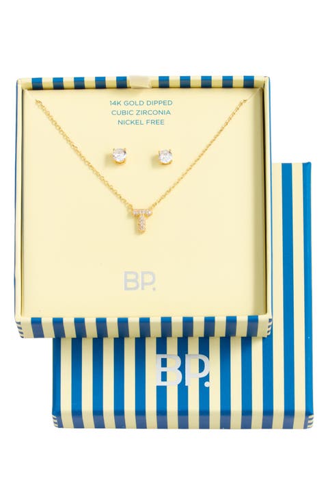 Initial Pendant Necklace & Stud Earrings Set