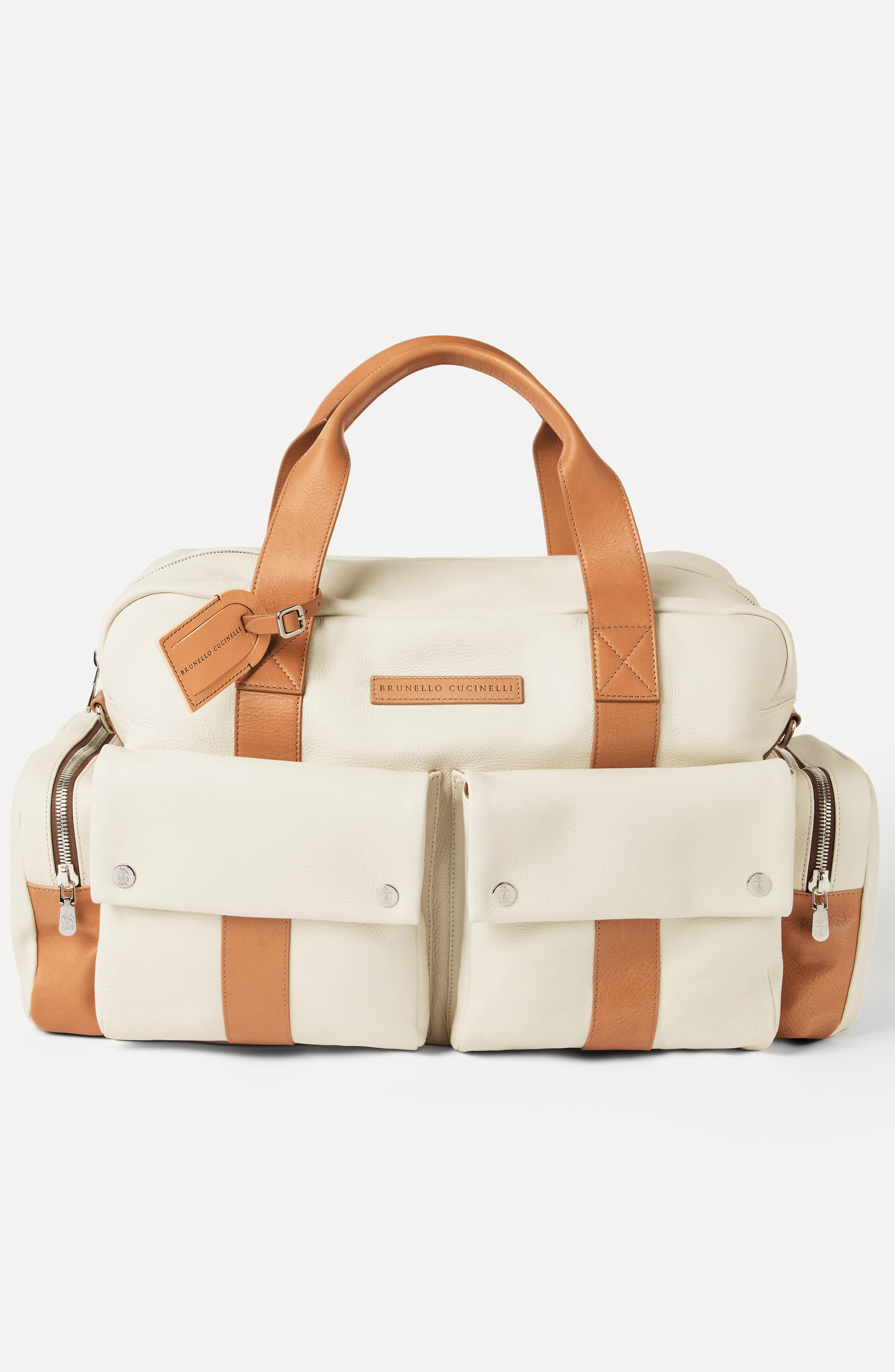 Brunello Cucinelli Calfskin and cowhide duffle bag, Alternate, color, Ivory