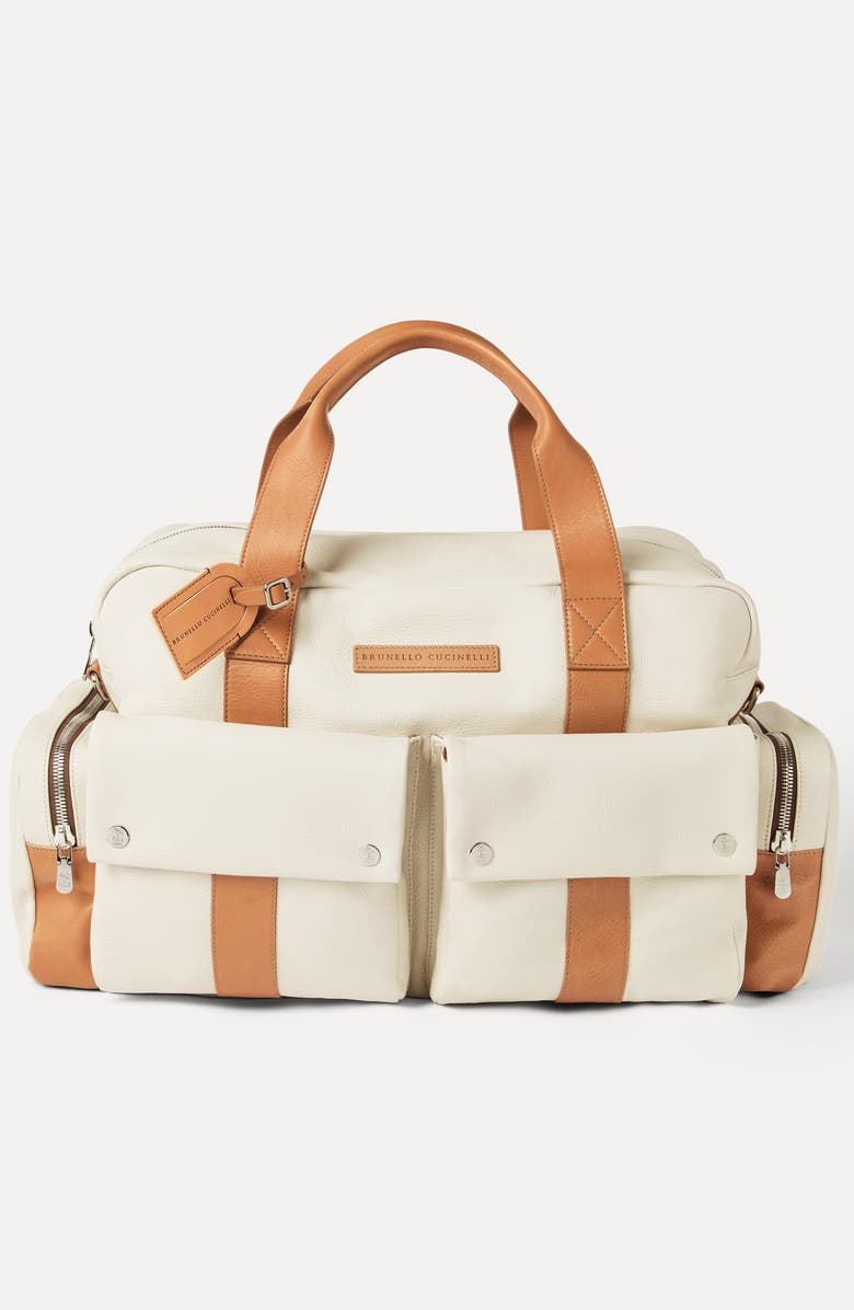 Brunello Cucinelli Calfskin and cowhide duffle bag, Alternate, color, Ivory