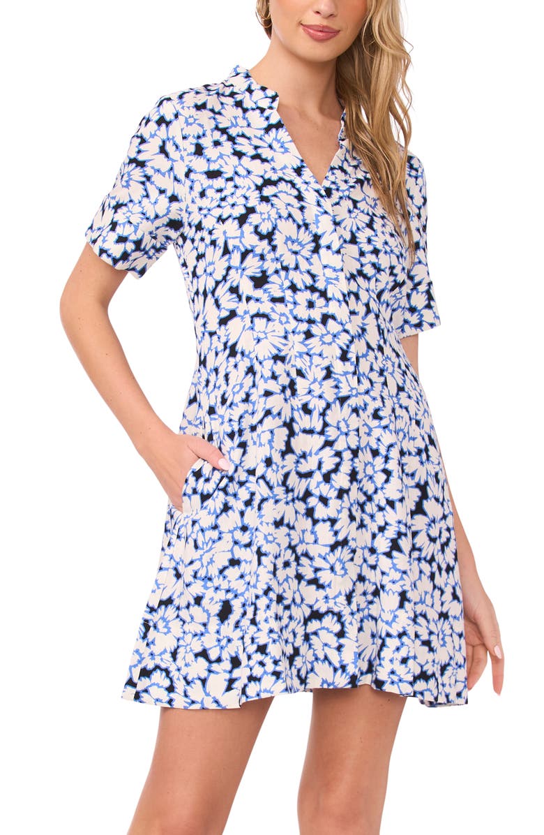Vince Camuto Floral V-Neck Dress, Alternate, color, Rich Black/ White/ Blue