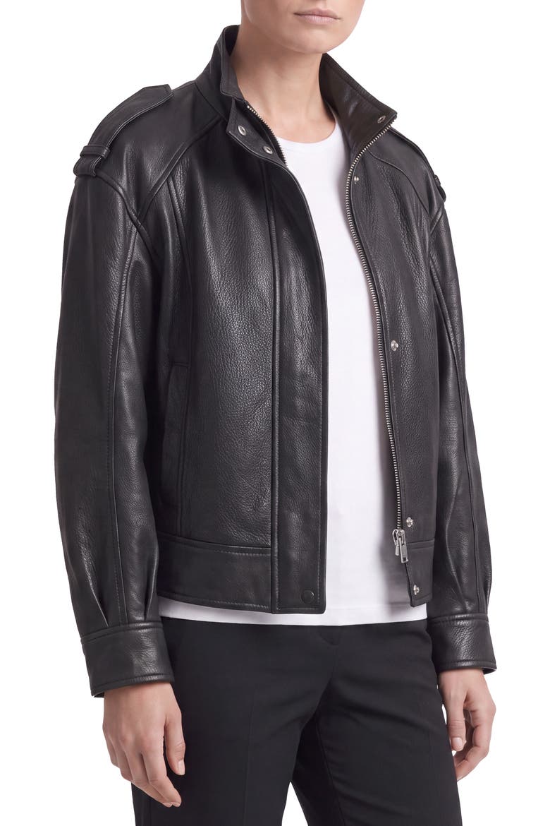 Leather Bomber Jacket, Alternate, color, BLACK