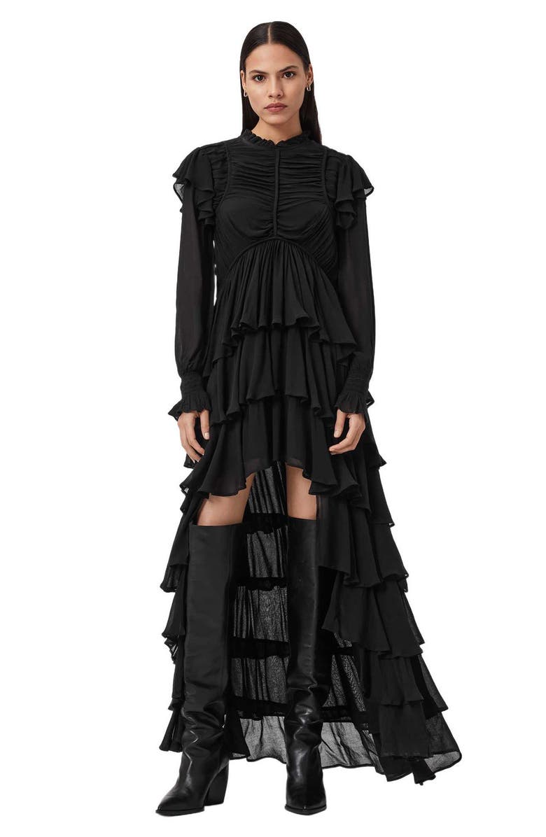 AllSaints Leila Layered Ruffle Long Sleeve High-Low Maxi Dress, Alternate, color, Black