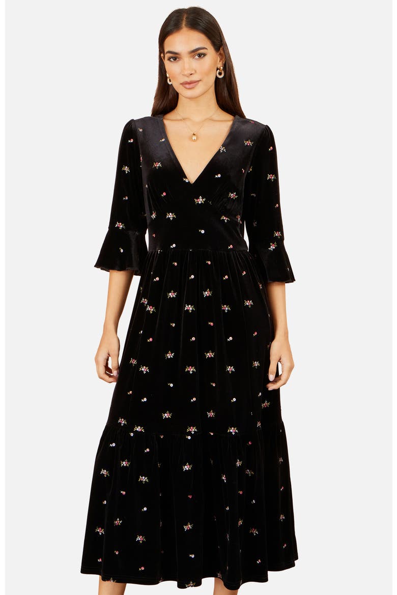 Velvet Embroidered V-Neck Midi Dress, Alternate, color, Black
