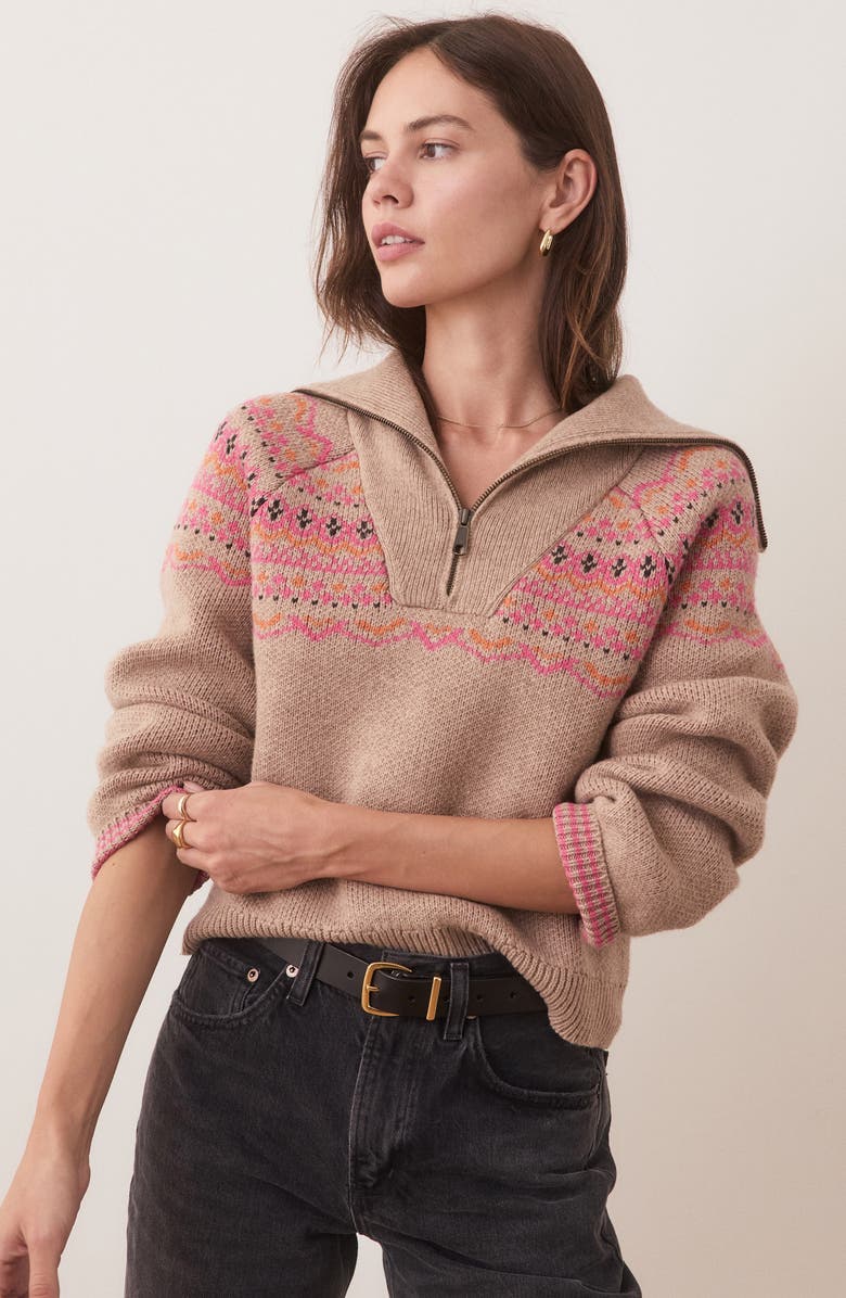 Marine Layer Archive Whitney Fair Isle Quarter Zip Sweater, Alternate, color, Camel