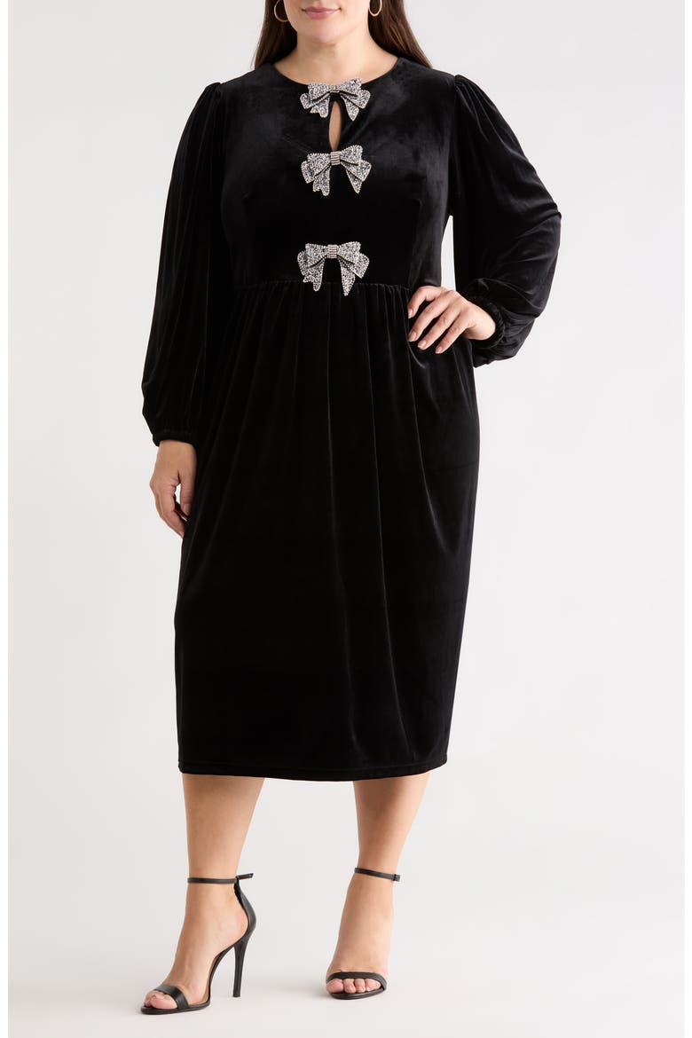 Jena Glow Bow Long Sleeve Velvet Midi Dress, Main, color, BLACK
