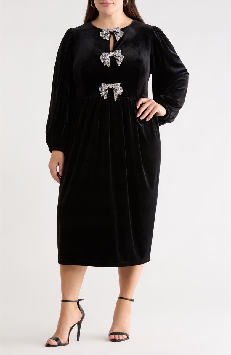 SUGARLIPS Jena Glow Bow Long Sleeve Velvet Midi Dress, Main, color, Black