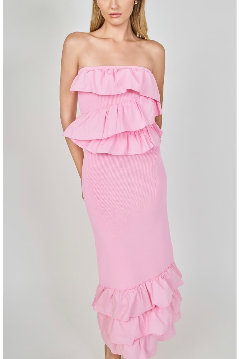 Ruffle Detail Mixed Media Strapless Dress, Alternate, color, BABY PINK