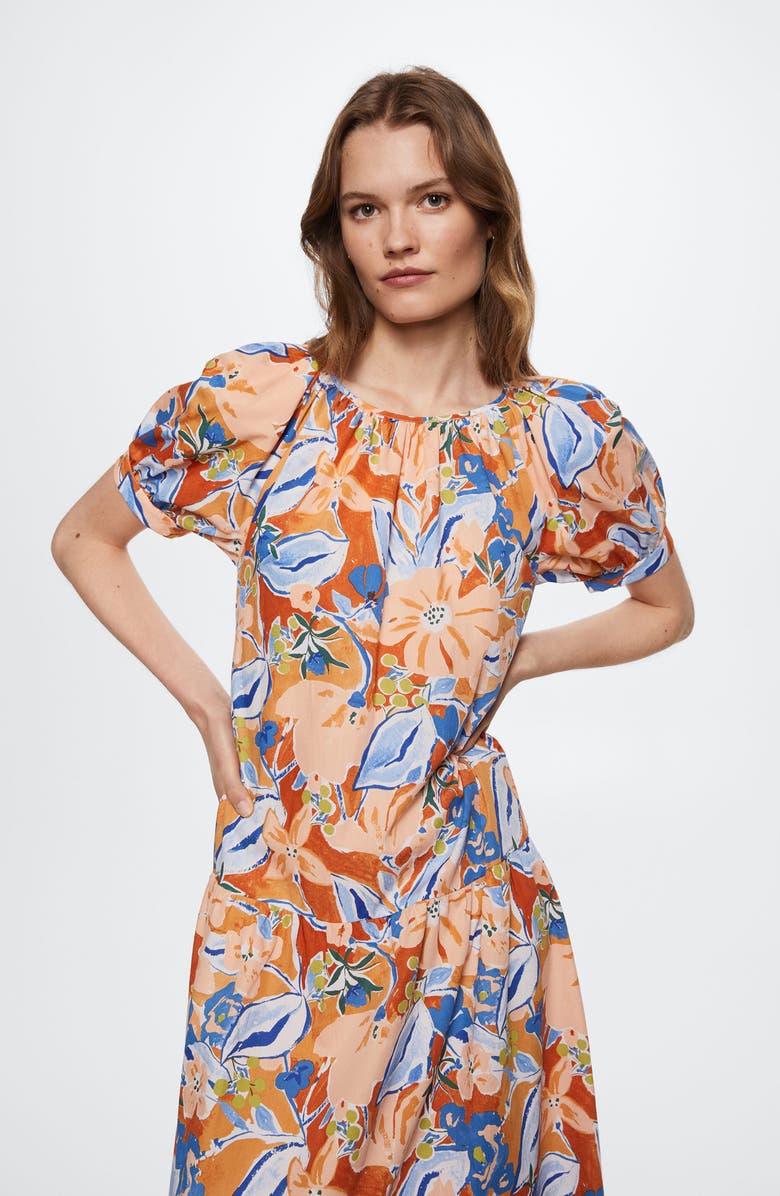 MANGO Floral Puff Sleeve Cotton Midi Dress, Alternate, color,